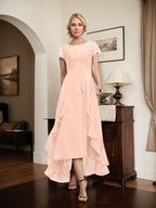 Vestido de madre de la novia de gasa asimétrica con escote en A, ilusión, encaje, lazo, volante y lentejuelas
