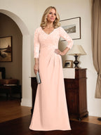 Vestido de madre de la novia de gasa con encaje, escote en V, ilusión, largo hasta el suelo, con lentejuelas plisadas
