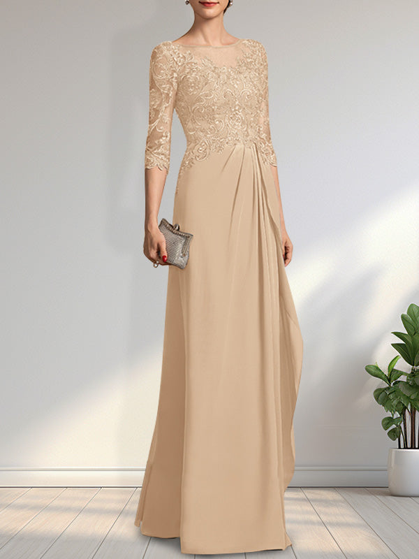 Vestido de gasa para madre de la novia con encaje, corte A, escote redondo, ilusión, largo hasta el suelo, con lentejuelas y abalorios y volantes en cascada