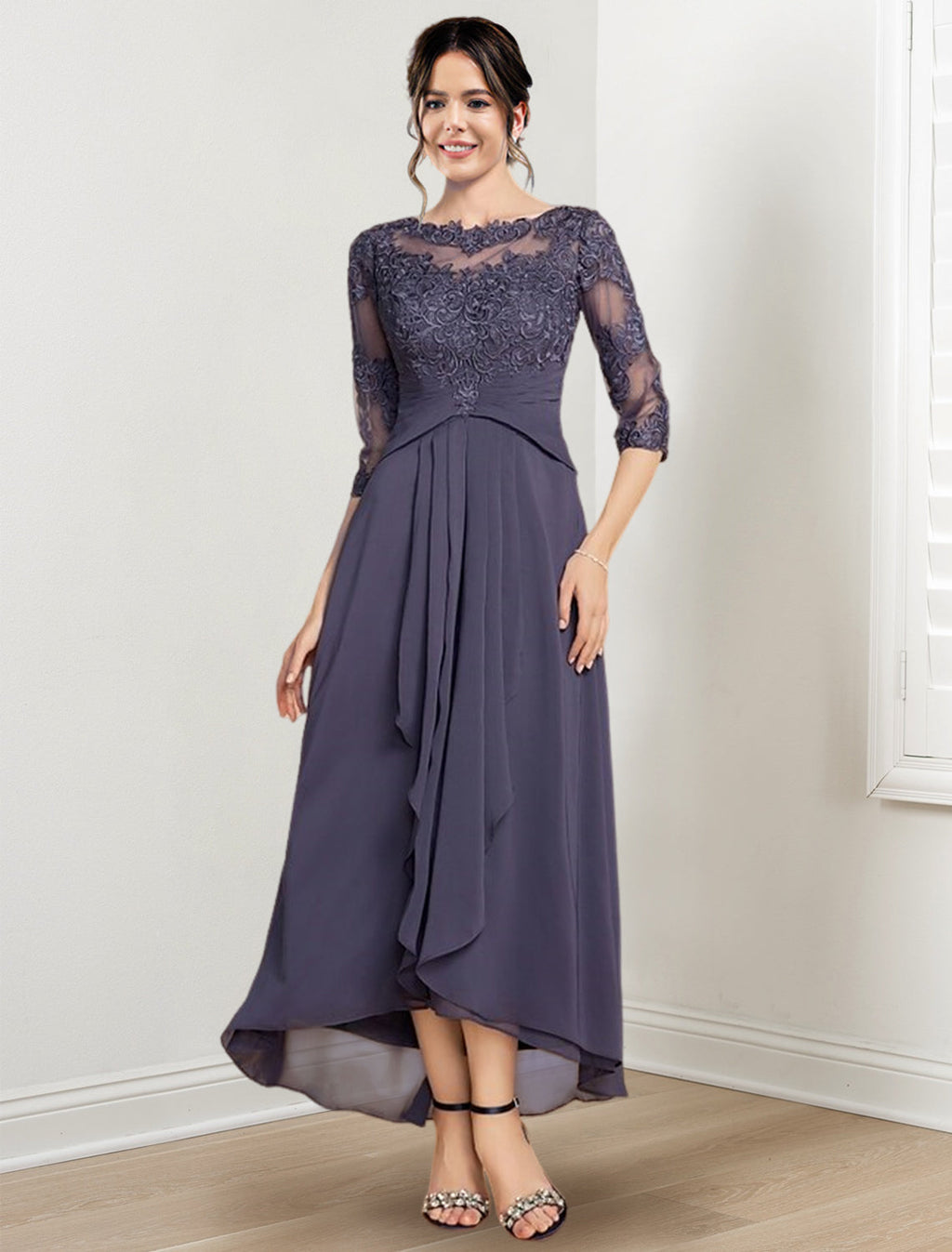 Vestidos de madre de la novia de corte A/princesa con escote redondo y largo hasta la rodilla