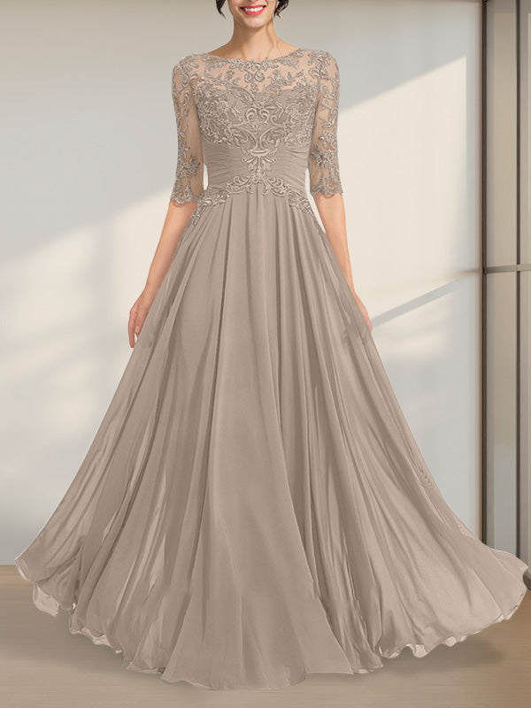 Vestido de gasa de encaje con escote en A y ilusión hasta el suelo para madre de la novia con lentejuelas plisadas