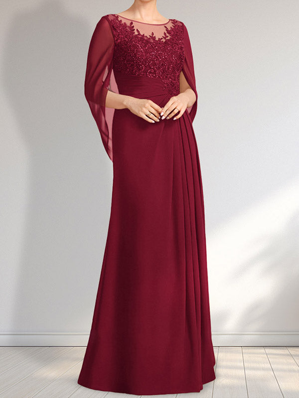 Vestido de gasa con encaje, ilusión, corte A, largo hasta el suelo, para madre de la novia con lentejuelas plisadas