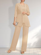 Jumpsuit/Pantsuit Separates Scoop Floor-Length Chiffon Lace Mother of the Bride Dress With Sequins