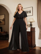 Vestido de noche de gasa con escote en V y largo hasta el suelo, tipo mono/pantalón