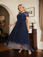 Vestido de madre de la novia de gasa asimétrica con escote en A, ilusión, encaje, lazo, volante y lentejuelas