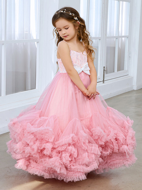 Vestido de niña de las flores rosa largo hasta el suelo de tul con corte en A