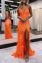 Sonia | Vestidos de fiesta de sirena con escote en V, encaje y lentejuelas color jade con abertura