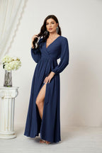 Vestidos de noche Sunnderly con escote en V profundo, gasa, para dama de honor, manga larga de obispo, abertura lateral, vestido formal SY2806 