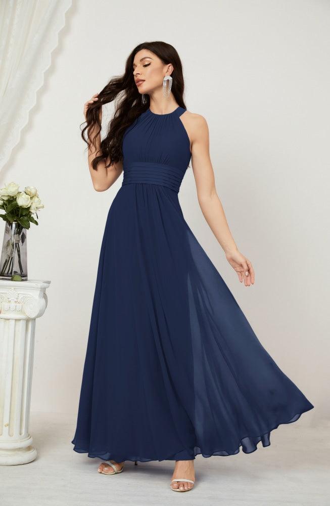 Vestido formal de fiesta Sunnderly de gasa con cuello halter, largo y sin mangas, para dama de honor SY2802 