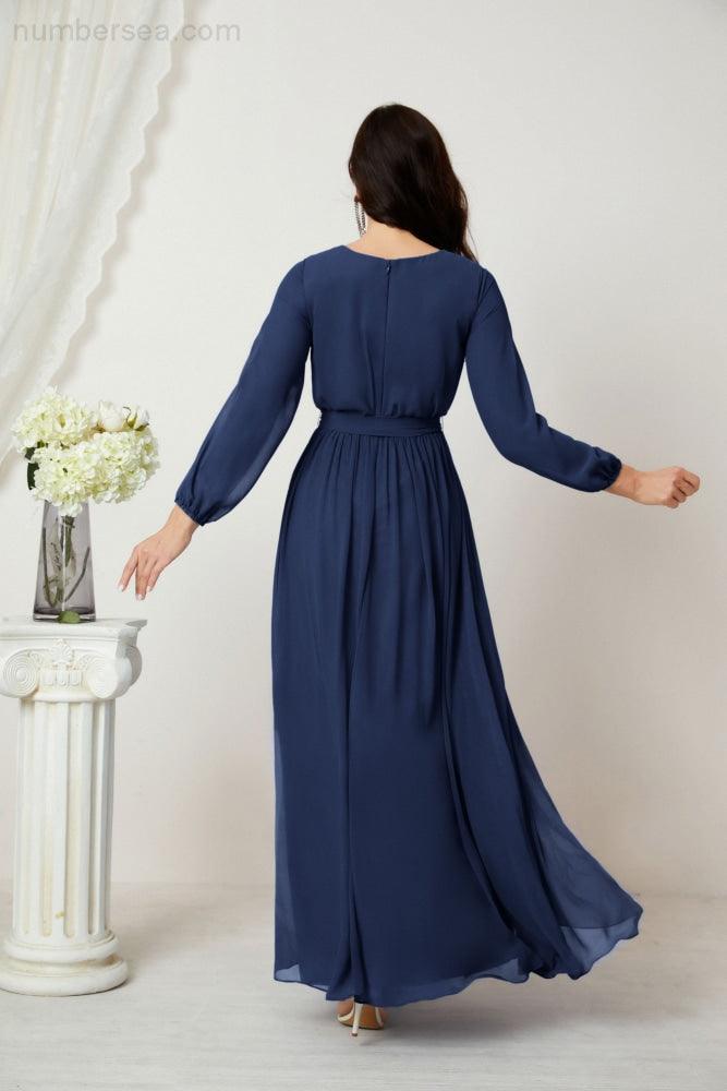 Vestidos de noche Sunnderly con escote en V profundo, gasa, para dama de honor, manga larga de obispo, abertura lateral, vestido formal SY2806 