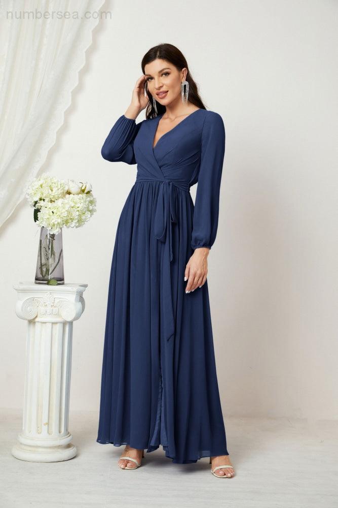 Vestidos de noche Sunnderly con escote en V profundo, gasa, para dama de honor, manga larga de obispo, abertura lateral, vestido formal SY2806 