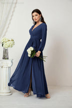 Vestidos de noche Sunnderly con escote en V profundo, gasa, para dama de honor, manga larga de obispo, abertura lateral, vestido formal SY2806 