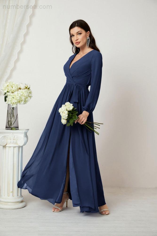 Vestidos de noche Sunnderly con escote en V profundo, gasa, para dama de honor, manga larga de obispo, abertura lateral, vestido formal SY2806 