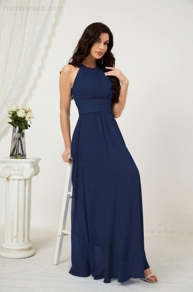 Vestido formal de fiesta Sunnderly de gasa con cuello halter, largo y sin mangas, para dama de honor SY2802 