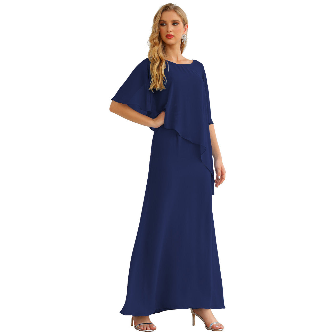 Sunnderly Chiffon Plus Size Mother of The Bride Dresses Formal Prom Gown Ruffle Cape