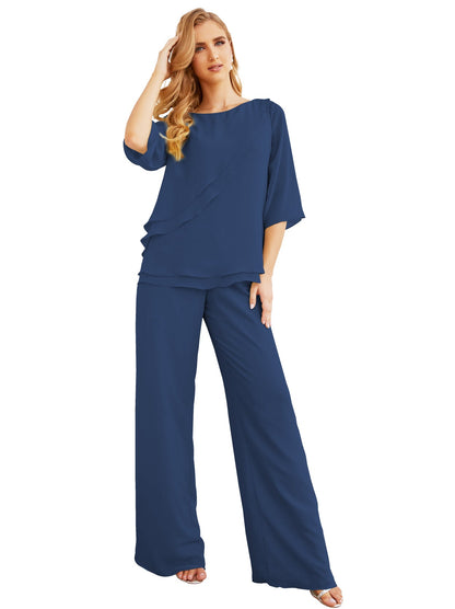 Sunnderly Elegant 2 Piece Mother of The Bride Dress Plus Size Pant Suits Ruffle Layers Sliver Housecoat SY28064