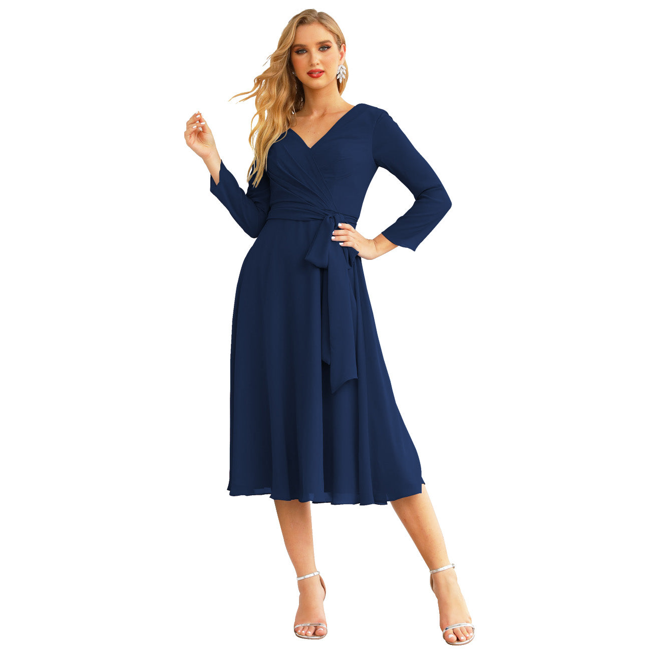 Sunnderly Chiffon Bridesmaid Dress V-Back Waist Belt Formal Prom Gown Mother of The Bride Wedding Guest