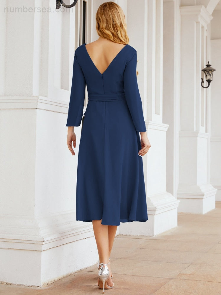 Vestido de dama de honor con escote en V y cinturón para madre de la novia, invitada de boda SY28031 