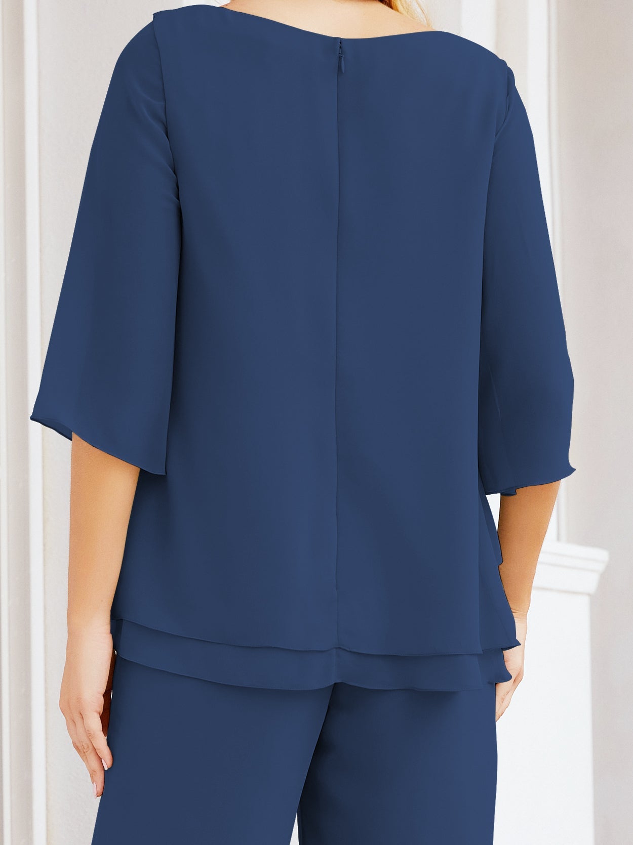 Sunnderly Elegant 2 Piece Mother of The Bride Dress Plus Size Pant Suits Ruffle Layers Sliver Housecoat SY28064