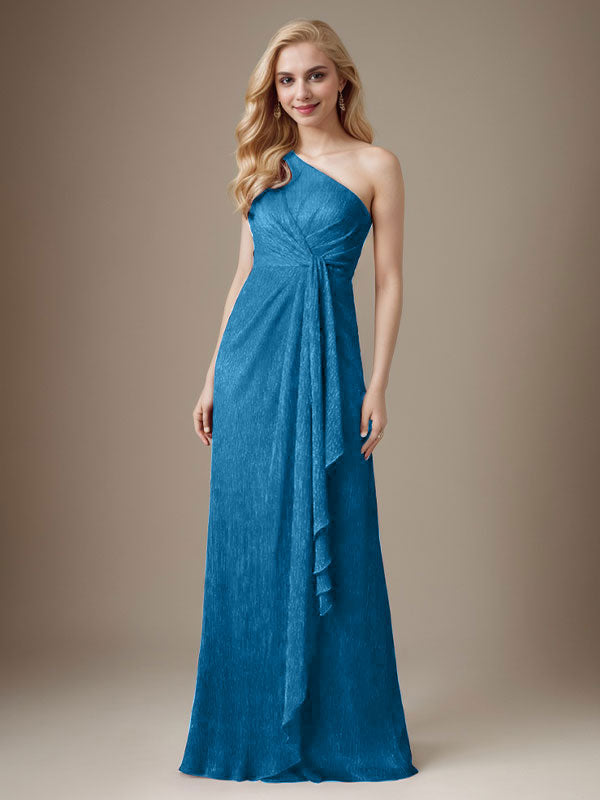 Vestido de madre de la novia con un solo hombro de malla metálica y corte rubí