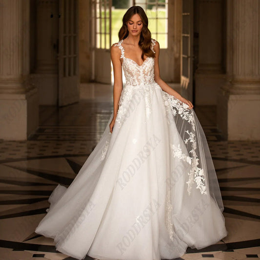 Sexy V-Neck Backless Wedding Dress For Women Romantic Tulle Spaghetti Straps Bride Party A-line Sleeveless Bridal Gown-payinti
