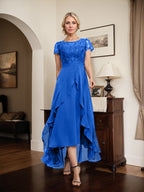 Vestido de madre de la novia de gasa asimétrica con escote en A, ilusión, encaje, lazo, volante y lentejuelas