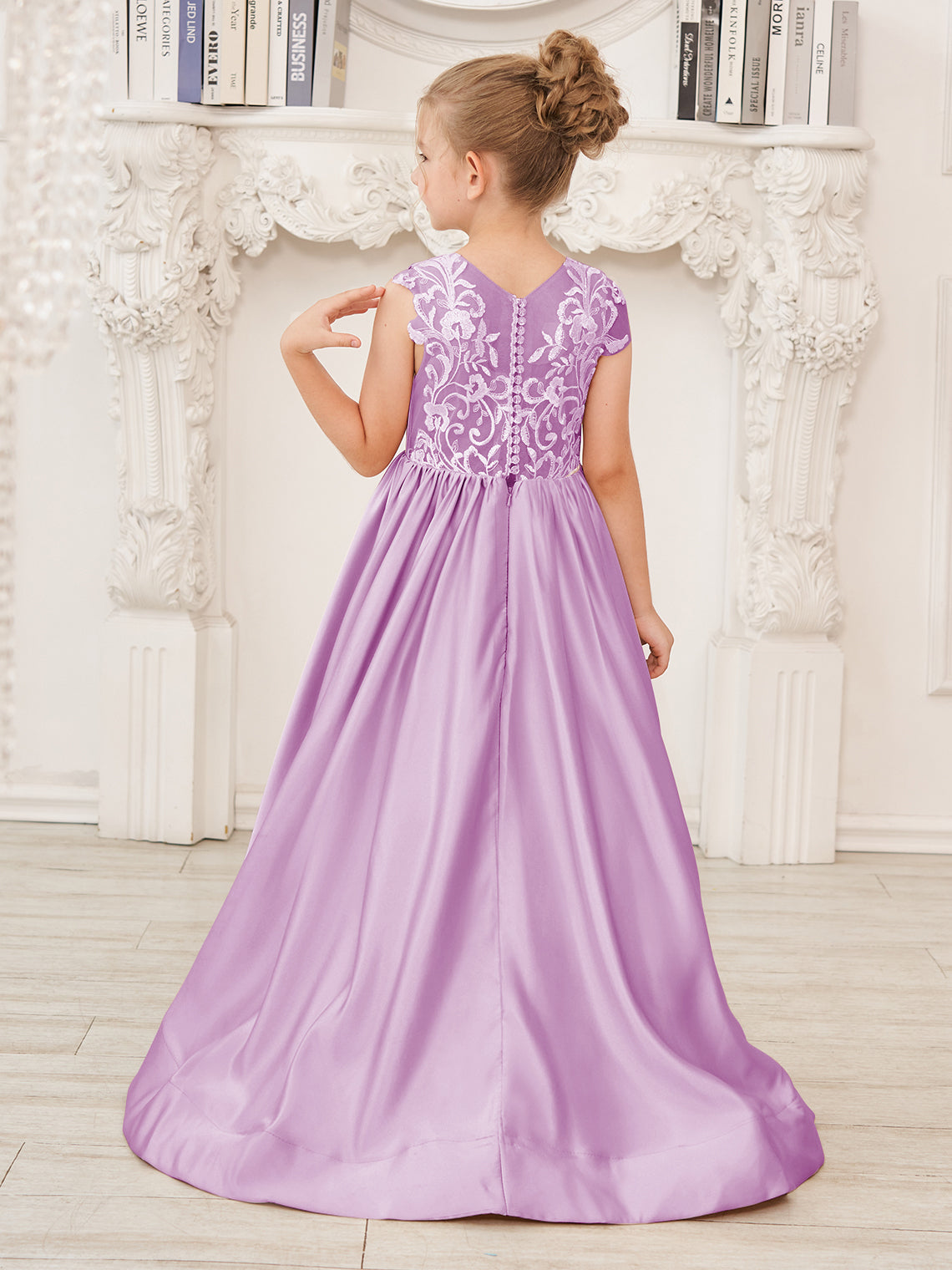 A-Linie Spitze Satin Bodenlang Blumenmädchenkleid 