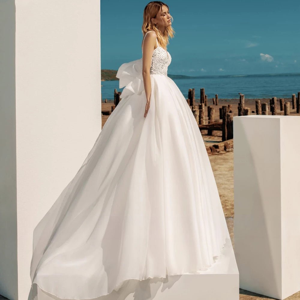 A-Line Bohemian Wedding Dresses Women's Sweetheart Spaghetti Strap Backless Vestido De Beaded Shiny Back Bowknot Robe De Mariee-payinti