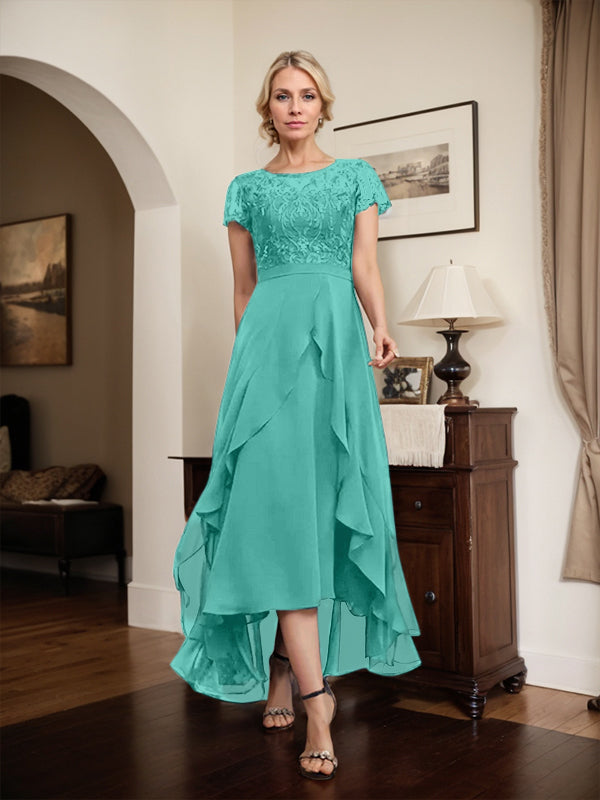 Vestido de madre de la novia de gasa asimétrica con escote en A, ilusión, encaje, lazo, volante y lentejuelas