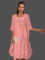 Vestido de dos piezas de gasa, corte A, sin mangas, con encaje y apliques plisados