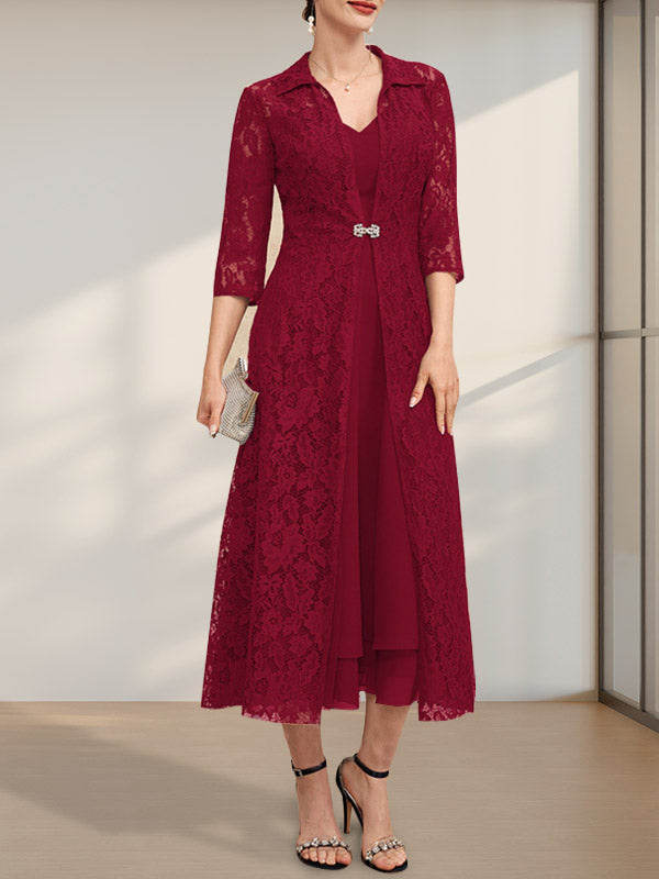A-Linie V-Ausschnitt Wadenlanges Chiffonkleid für die Brautmutter