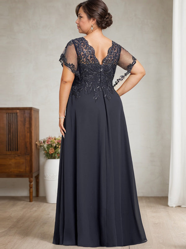 A-Linie V-Ausschnitt Bodenlanges Spitzenchiffonkleid für die Brautmutter mit Pailletten 