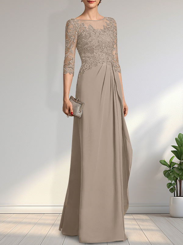 Vestido de gasa para madre de la novia con encaje, corte A, escote redondo, ilusión, largo hasta el suelo, con lentejuelas y abalorios y volantes en cascada