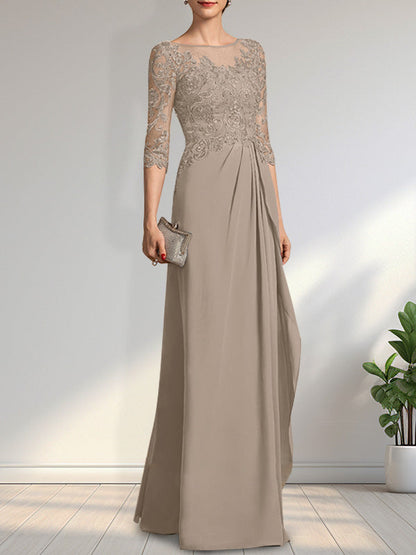 Vestido de gasa para madre de la novia con encaje, corte A, escote redondo, ilusión, largo hasta el suelo, con lentejuelas y abalorios y volantes en cascada