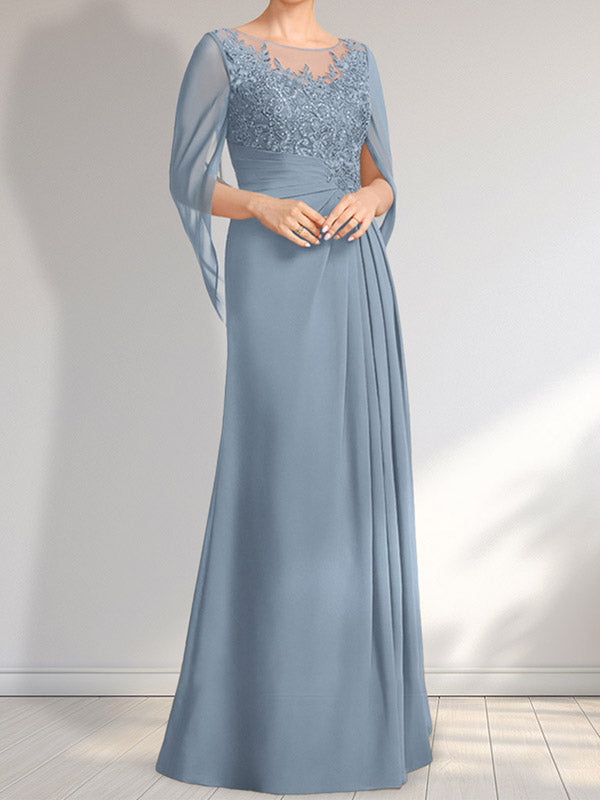 Vestido de gasa con encaje, ilusión, corte A, largo hasta el suelo, para madre de la novia con lentejuelas plisadas