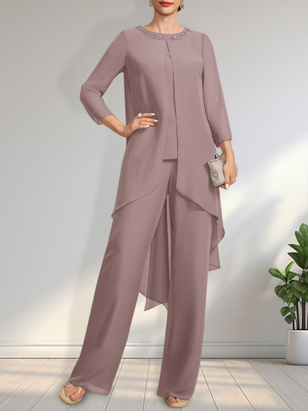 Vestido de gasa para madre de la novia con lentejuelas y abalorios, largo hasta el suelo y mono/pantalón separado