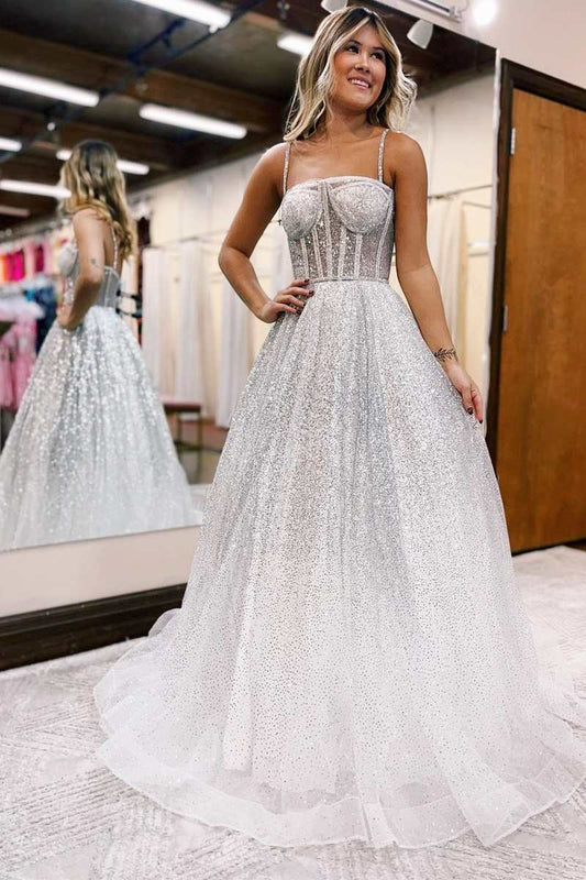 Magdalena | Silbernes A-Linien-Ballkleid mit Ombre-Pailletten und Prinzessinnen-Trägern