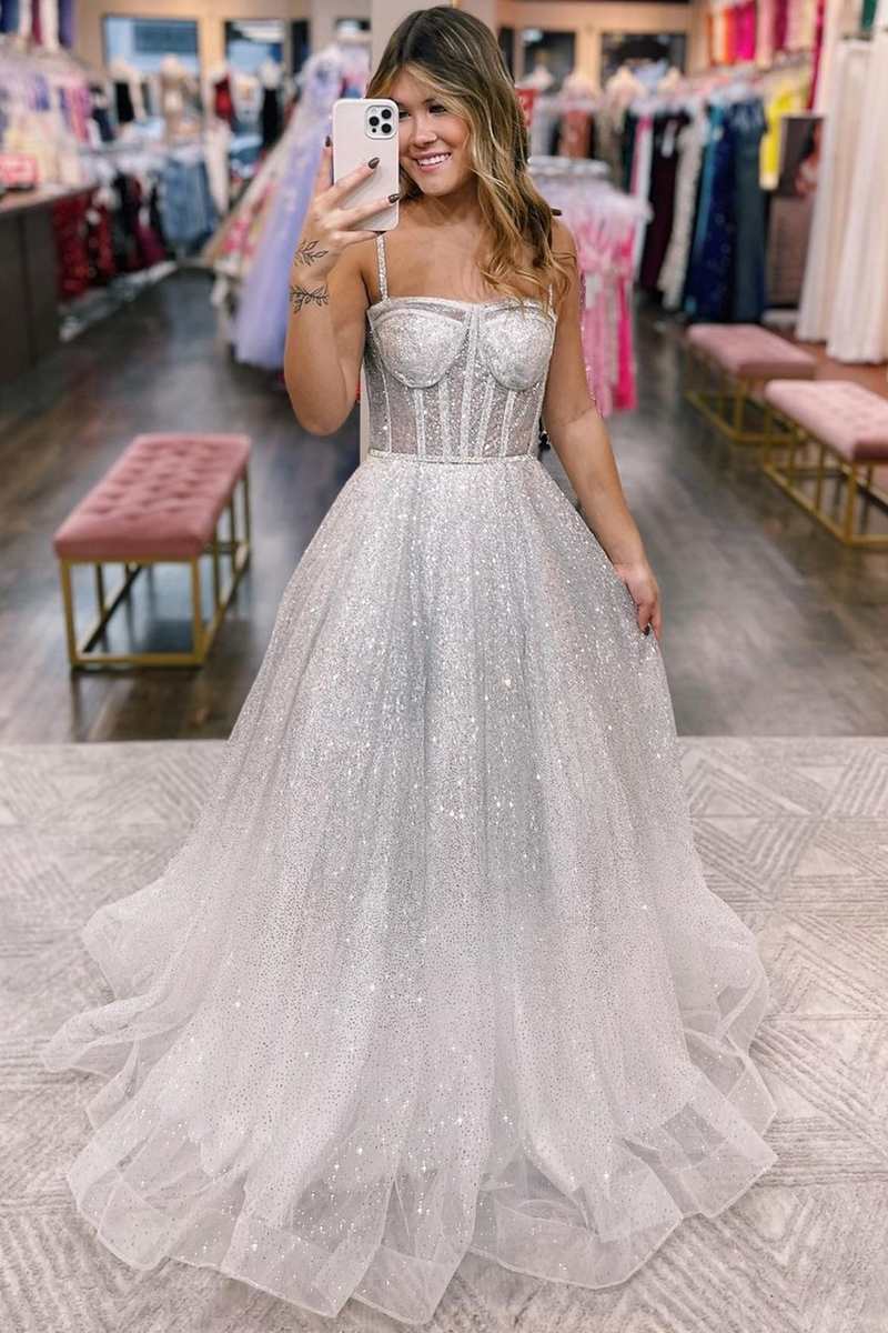 Magdalena | Silbernes A-Linien-Ballkleid mit Ombre-Pailletten und Prinzessinnen-Trägern