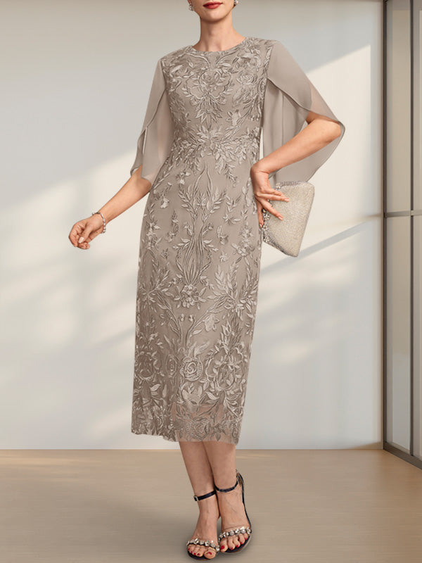 Vestido para madre de la novia de gasa con encaje, corte tubo, escote redondo y largo hasta la rodilla