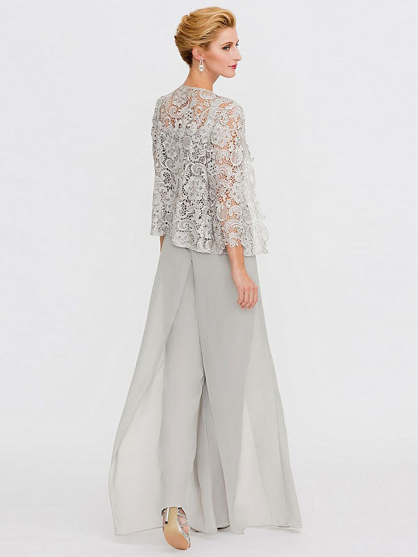 3-teiliger Chiffon-Hosenanzug mit quadratischem Ausschnitt und Jacke für die Mutter der Braut 