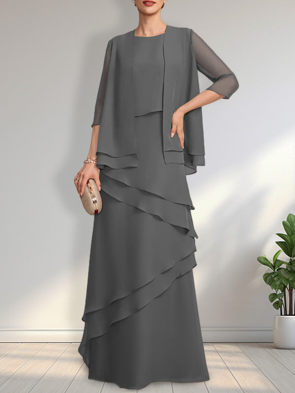 Vestido de gasa para madre de la novia con escote redondo y largo hasta el suelo