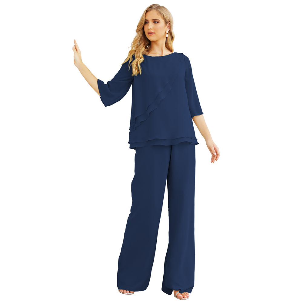 Sunnderly Chiffon Mother of The Bride Dress Plus Size Pant Suits Ruffle Layers