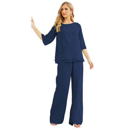 Sunnderly Chiffon Mother of The Bride Dress Plus Size Pant Suits Ruffle Layers