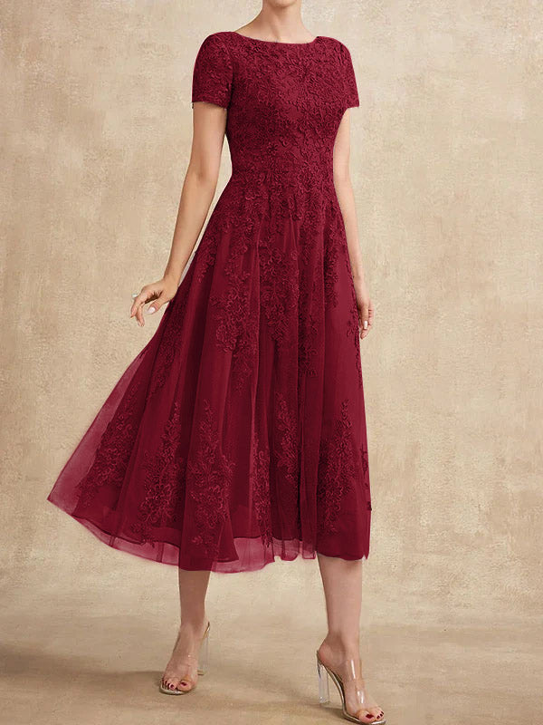 Vestido de madre de la novia de tul con encaje y corte en A, largo hasta la rodilla