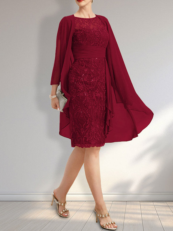Vestido de madre de la novia de gasa con encaje, escote redondo, ilusión, largo hasta la rodilla, con volantes en cascada y lentejuelas
