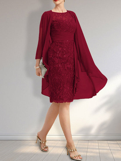 Vestido de madre de la novia de gasa con encaje, escote redondo, ilusión, largo hasta la rodilla, con volantes en cascada y lentejuelas
