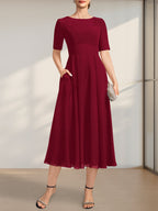 Vestido de gasa para madre de la novia, corte A, escote redondo, largo hasta la rodilla, con apliques de encaje y lentejuelas