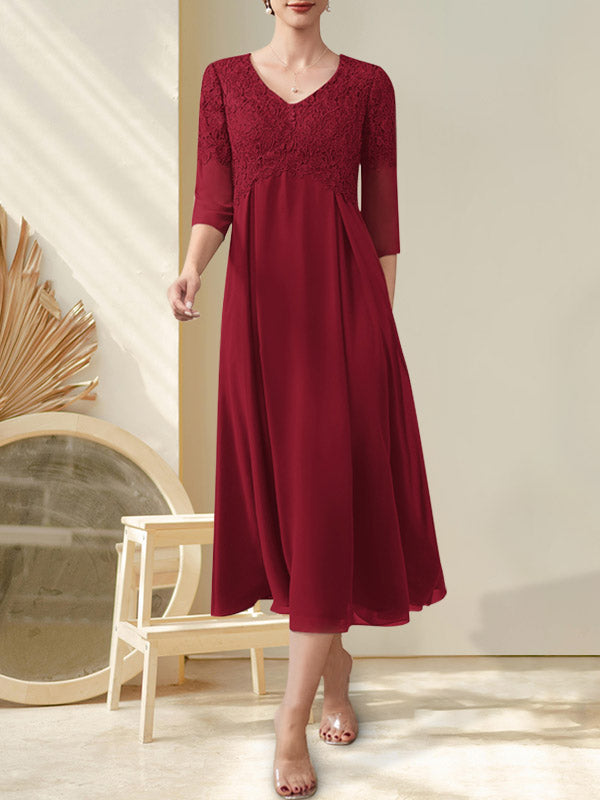 Vestido de gasa con encaje y escote en V, largo hasta la rodilla, para madre de la novia con cuentas