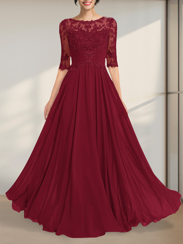 Vestido de gasa de encaje con escote en A y ilusión hasta el suelo para madre de la novia con lentejuelas plisadas