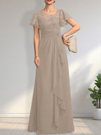 A-line Asymmetrical Illusion Floor-Length Lace Chiffon Mother of the Bride Dress With Cascading Ruffles Sequins